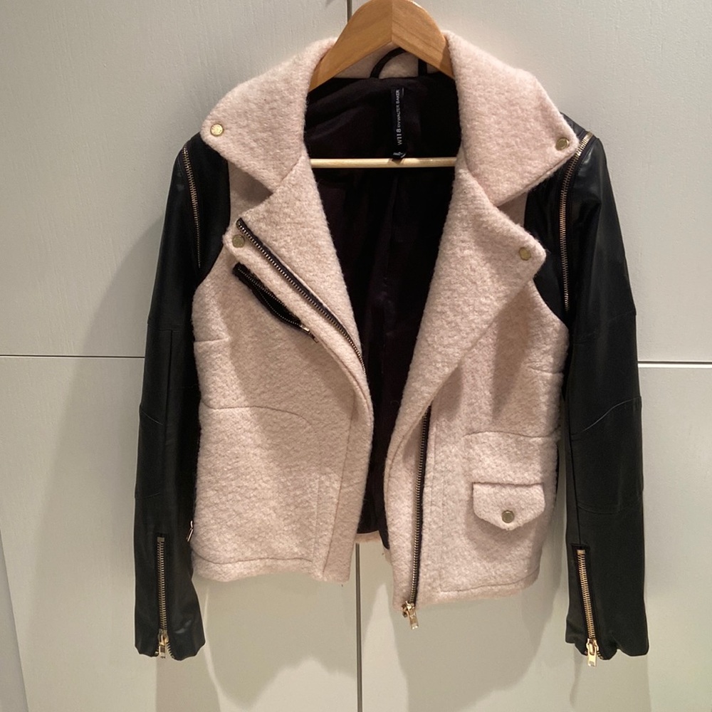 Walter Baker pink wool blend jacket with faux leather sleeves.